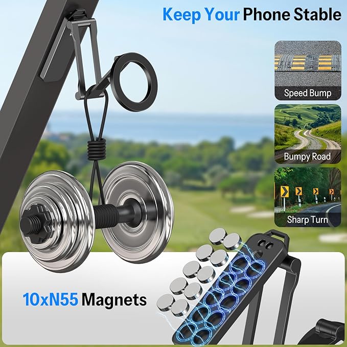 OMOTON CV08 Magnetic Golf Cart Phone Mount with [1/4” Screw + 5.6” Extendable Arm], 360° Rotatable Holder, Strong Magnets for iPhone & Samsung, Fits EZ-GO/Club Car, Includes Pouch & Strap (Black)