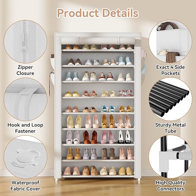 LANTEFUL Shoe Rack with Covers 10 Tier Tall Shoe Rack Organizer Large Capacity Shoe Shelf Storage 40 Pairs Space Saving Free 
