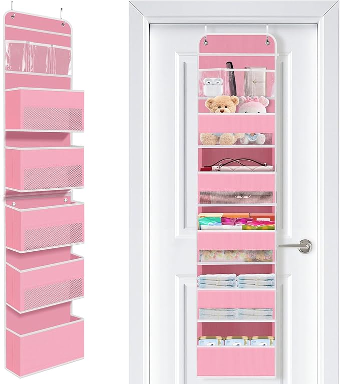 SpaceWhisper Over the Door Organizer, 6 Large Pocket Hanging Storage Organizer with 40lb Capacity, Space Saving for Nursery, 