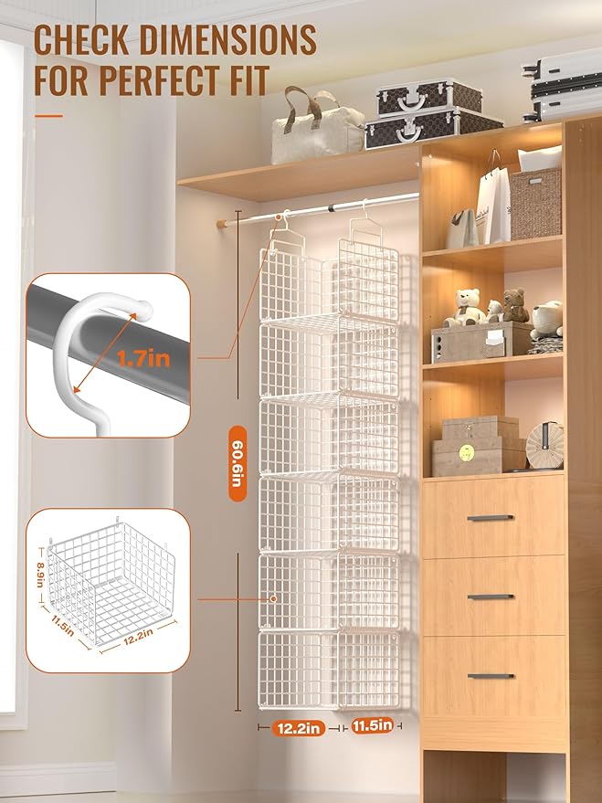6 Tier Closet Hanging Organizer, Metal Closet Organizers and Storage with 4 Hanging Hooks 4 S-Hooks for Wardrobe Laundry Room