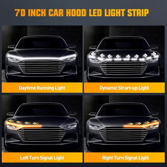Nilight 70-Inch LED Hood Strip, White Dynamic Startup DRL Sequential Amber Turn Signal, Waterproof for Cars, SUVs & Trucks