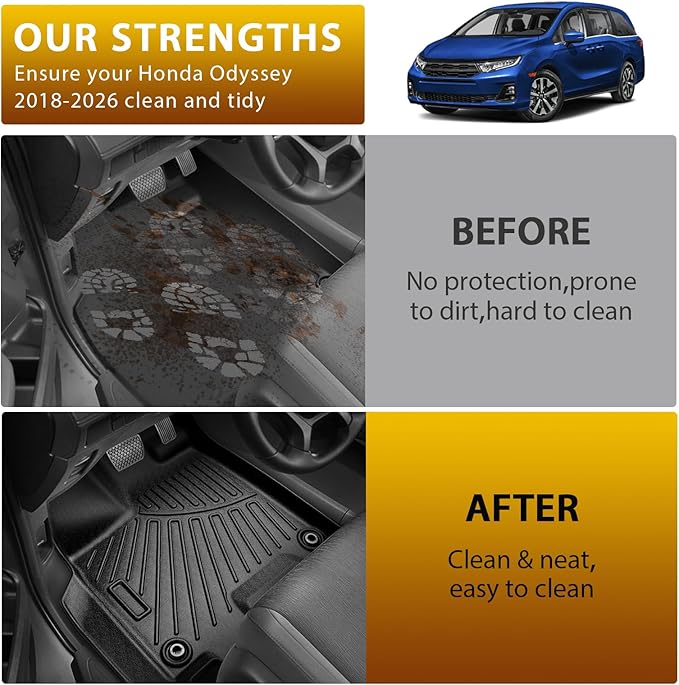 Powerty Floor Mats for Honda Odyssey 2026 2025-2018 Mini Passenger Van Car Mats, All Weather TPE Custom 1st 2nd & 3rd Rows Floor Liner and Cargo Liner Honda Odyssey Accessories (Floor Mats+Trunk Mat)
