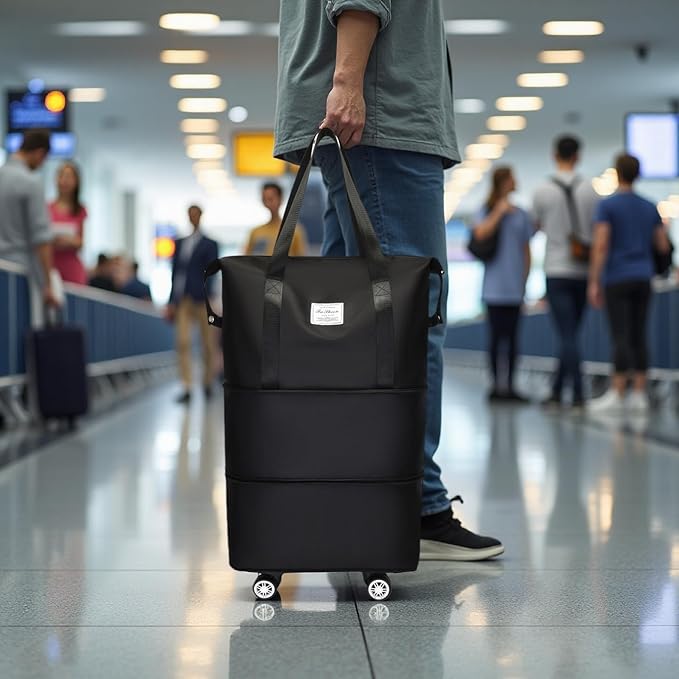 Expandable Foldable Duffel Bag with Detachable Wheels, 64L Large Capacity Rolling Travel Duffle Bag, Lightweight Carry on Luggage with Spinner Wheels, Weekend Gym Tote Bag (Black)