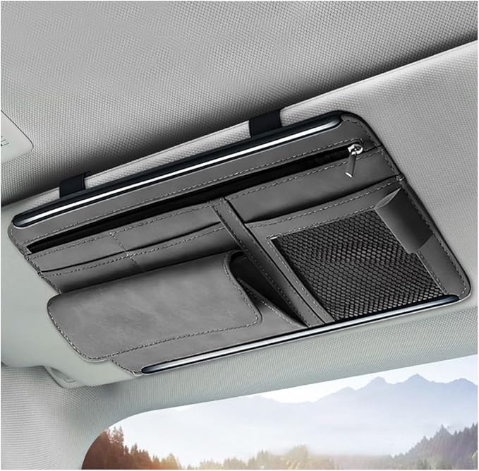 Car Sun Visor Organizer, Soft Leather Auto Sunshade Glasses Storage Bag with Multi-Pocket Net Zipper, Scratch-Resistant Vehicle Visor Pocket Eyeglasses Case Note Holder (Gray)