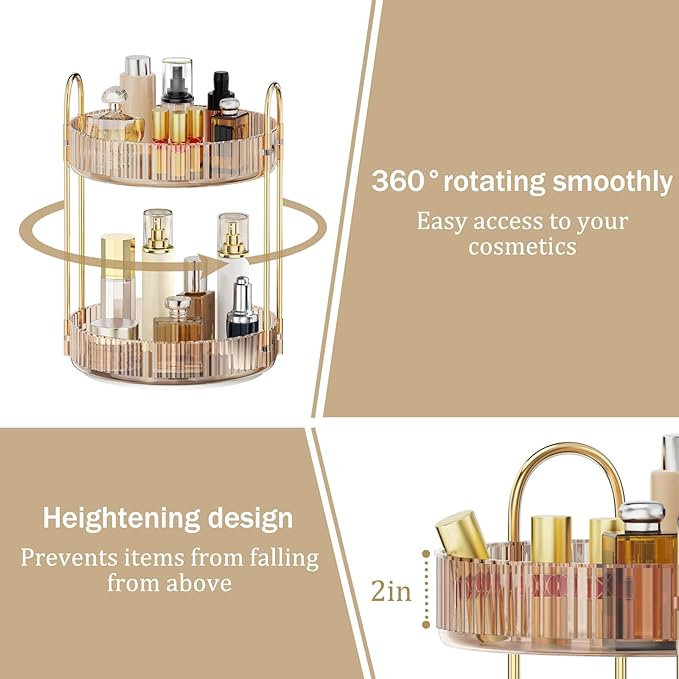 MOKANI 360 Rotating Makeup Organizer for Vanity, 2 Tier Adjustable Perfume Organizer for Dresser, Multi-Function Spinning Cos