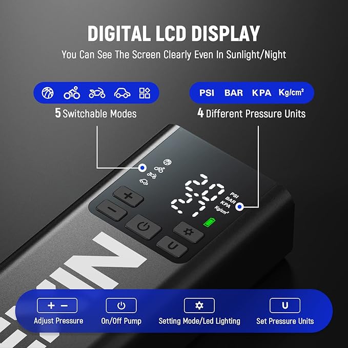 LEXIN P5 Tire Inflator Portable Air Compressor, 150PSI Electric Air Pump for Car Tires, 5000mAh Rechargeable Tire Inflator with Digital Pressure Gauge & Auto Shut-Off for Car, Motorcycle, Bike & Balls