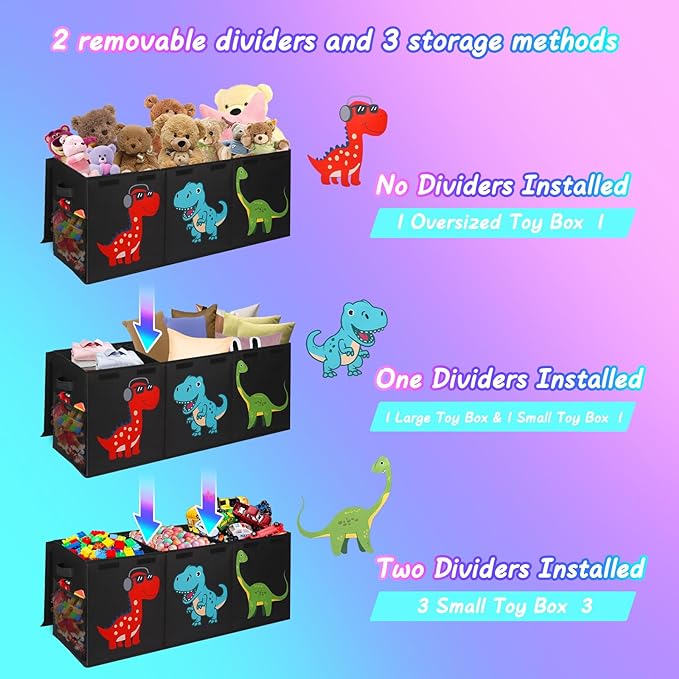 Mabahoo Extra Large Toy Box Chest, Collapsible Sturdy Kids Storage Organizer Bins with Lids, Black Dinosaur Toy Chest for Boy