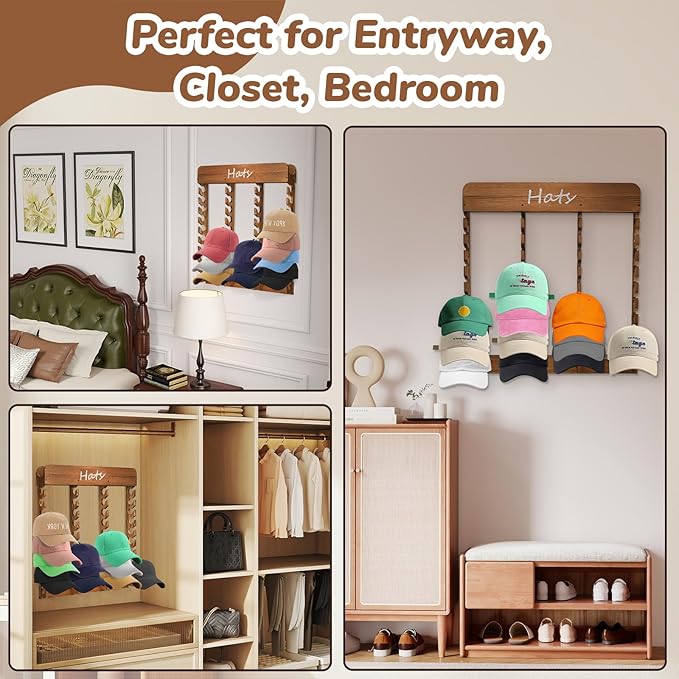 Wooden Hat Racks for Baseball Caps, 40-Slot Wall Mount Baseball Cap Rack, Hat Organizer for Display and Storage, Vertical Cap