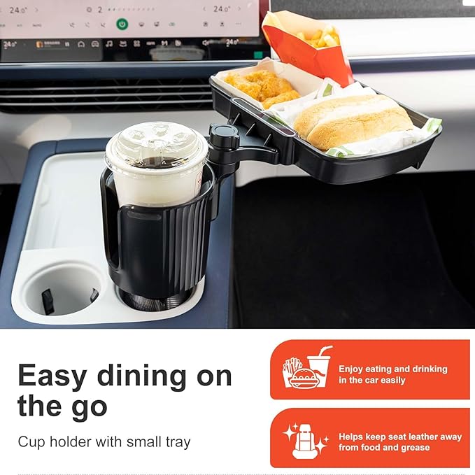 Car Large Cup Holder Expander, 2-in-1 Cupholder Extender with Swivel and Detachable Snack Food Tray Table for Eating, Travel 