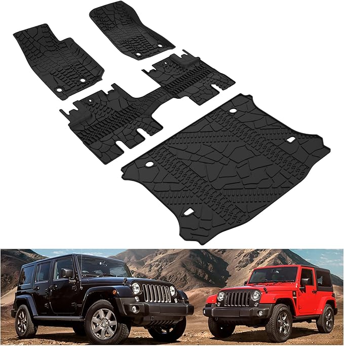 KIWI MASTER Floor Mats & Cargo Mat for 2014-2018 Jeep Wrangler JK 4 Door, OEM Replacement 82213860 82213184, All Weather Car Mats, Heavy Duty TPE Floor Liners, Front & Rear & Trunk Mat Set, Black
