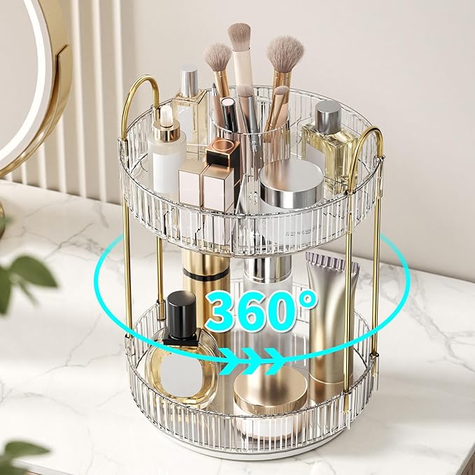 360° Rotating Makeup Organizer, Large-Capacity Skincare Make Up Storage 2 Tier Perfume Organizers Cosmetic Dresser Organizer 