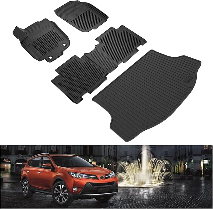 KIWI MASTER Floor Mats & Cargo Mat for 2013-2018 Toyota RAV4 (Non-Hybrid), OEM Replacement PT908-42165-20, All Weather Car Mats, Heavy Duty TPE Floor Liners, Front & Rear & Tray Trunk Mat Set, Black