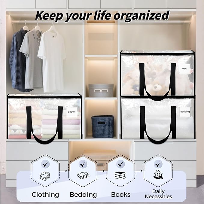 16 Pack Extra Large Heavy Duty Moving Bags, Clear Storage Bins with Lids, Reinforced Handles & Heavy-Duty Zippers Moving Boxe