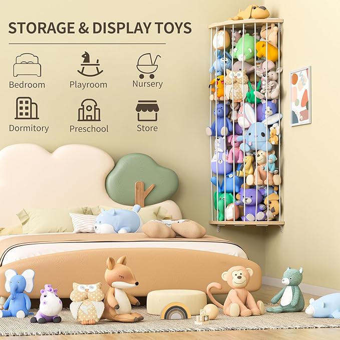 Jtksfcl Stuffed Animal Storage Wood Corner Plush Toys Holder with Star Pattern, Length Adjustable Hanging Stuffed Animal Toy 