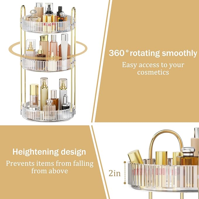 MOKANI 360 Rotating Makeup Organizer for Vanity, 3 Tier Adjustable Perfume Organizer for Dresser, Multi-Function Spinning Cos