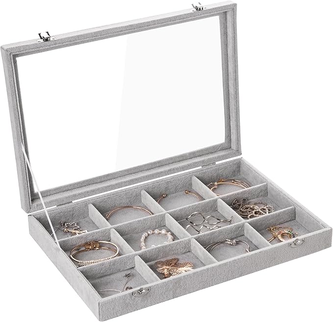 Frebeauty Velvet Jewelry Tray,12 Grid Jewelry Organizer with Clear Lid,Bracelets Holder,Jewelry Display Case with Clasp,Drawe