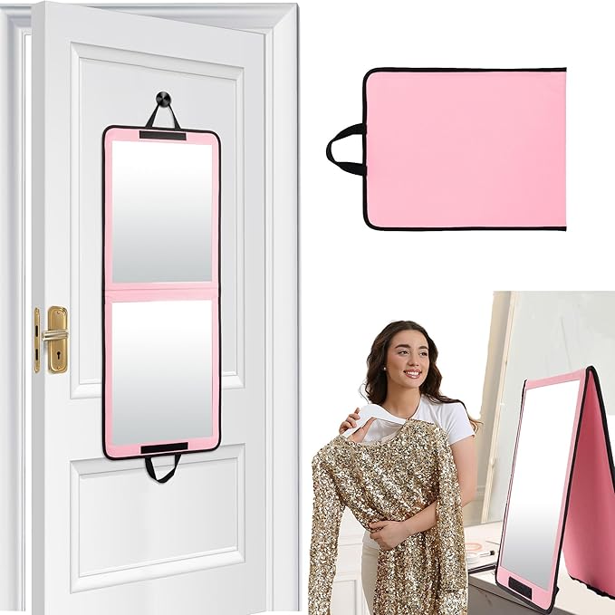 LPHUMEX Pink Portable Full Length Mirror for Dance Bag, 33x13 Inch Portable Folding Body Mirror for Camping Wedding Golf Swin