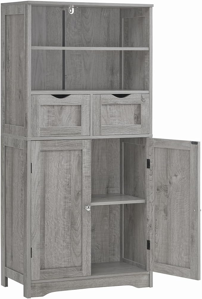 Iwell Storage Cabinet with 2 Drawers & Adjustable Shelf, Tall Bathroom Cabinet with Doors, Cupboard, Kitchen Cabinets for Liv