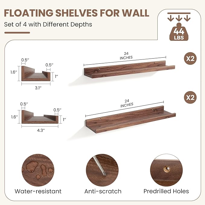 Fun Memories Picture Ledge Shelf, Floating Shelves Set of 4, 24 Inch Picture Shelves for Wall with Ledge, Large Nursery Book 