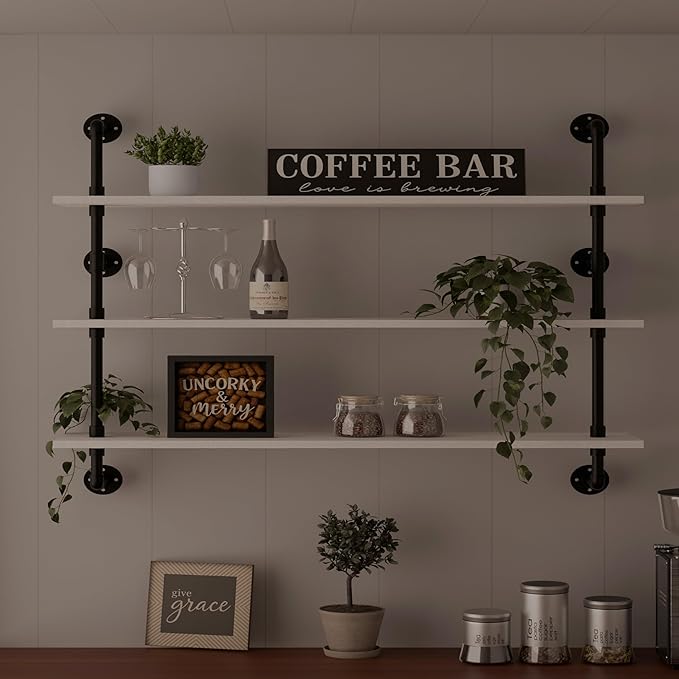 Industrial Pipe Shelving Rustic White Pipe Wall Shelves Industrial Shelves with Wood Planks Floating Shelves 48 Inch Farmhous