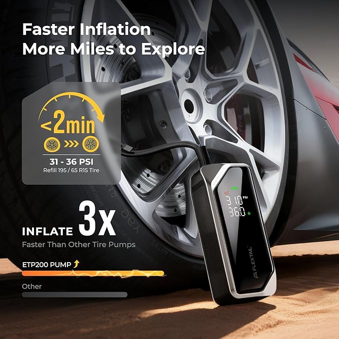 FLEXTAILGEAR Portable Tire Inflator, Rechargeable Electric Air Pump with Knob Pressure Control, Cordless Air Compressor for Car Tires, Bike, Balls, Digital Pressure Gauge, Auto Shut-Off.