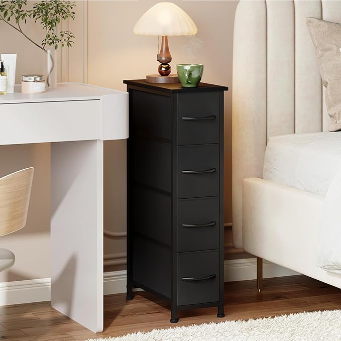 Somdot Narrow Dresser with 4 Drawers, Slim Storage Organizer Chest of Drawers with Removable Fabric Drawers for Small Spaces 