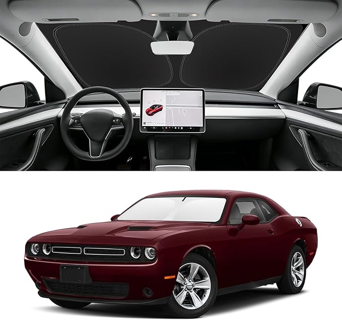 Custom Fit Windshield Sun Shade for Dodge Challenger 2015-2023, Foldable Car Sunshade Accessories with Storage Bag, UV & Heat Reflector,Keep Your Car Cooler