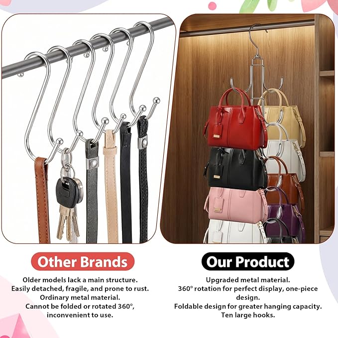 4 Pack Purse Organizer for Closet, Purse Hanger with 10 Big Hooks, 360 Degree Rotation Bag Holder for Organizer Display, Fold
