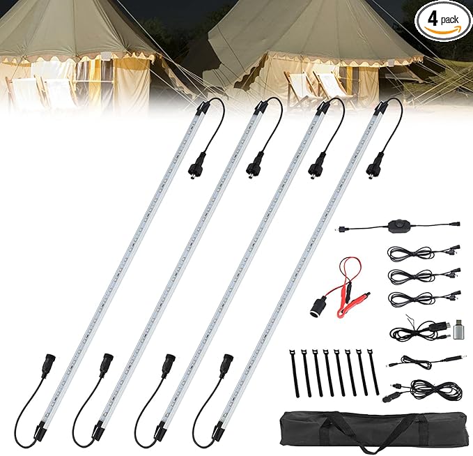 12V LED Interior Light Bar Kit Dimmable IP67 Waterproof Camping String Lights, 4 Bars White Aluminum Magnetic Mount Exterior Lights for RV, Camping Tent,Car