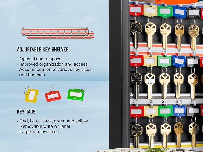 Barska 100-Position Key Lock Box – Solid Steel Key Cabinet with Adjustable Numbered Hooks, Key Log Sheet, Color Tags & Index 