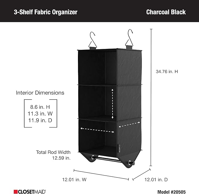 ClosetMaid 3-Shelf Fabric Hanging Closet Organizer with Garment Rod for Shirts, Sweaters, Pants, Hats, Shoes, Purses with Cha