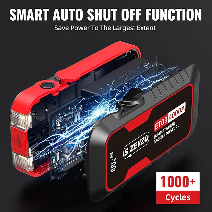 S ZEVZO ET03 Car Jump Starter 4000A Jump Starter Battery Pack for Up to 8.0L Gas and 7.0L Diesel Engines, 74Wh Portable 12V