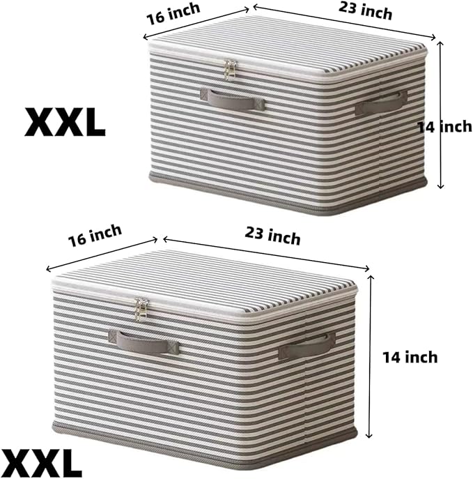 Foldable Storage Containers, Beige Striped Fabric Boxes with Lids, Stackable Closet Organizer Bins for Bedroom, Clothing Stor