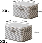 Foldable Storage Containers, Beige Striped Fabric Boxes with Lids, Stackable Closet Organizer Bins for Bedroom, Clothing Stor