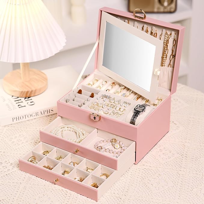 3 Layer Jewelry Boxes Large Jewelry Holder Organizer Case with 2 Jewelry Organizer Drawer PU Necklace Organizer Lockable Upgr