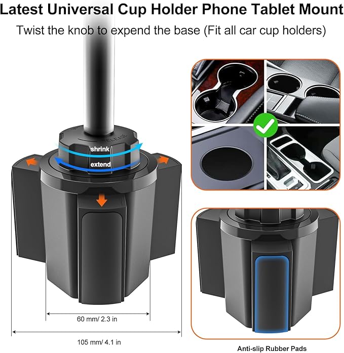 Car Cup Holder Tablet Mount Heavy Duty [No Shaking 360° Rotation] Truck Cupholder iPad Holder with Metal Arm for Tablet & Phone, iPad Pro Air Mini, Galaxy Tab, Kindle, Surface, 4-12.9"