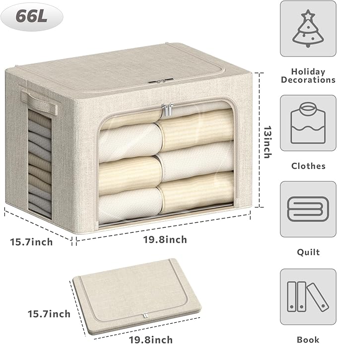4 Pack Clothes Storage Bins with Metal Frame - 66L Stackable Storage Box with Lid，Foldable Storage Container Organizer for Cl
