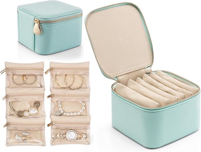 VLANDO Travel Jewelry Box Organizer – Portable PU Leather Jewelry Case with 6/8/12 Zippered Pouches, Compact Storage for Earr