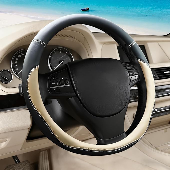 Beige Car Steering Wheel Cover, Nappa Leather, Bottom Color Blocking, Universal 14.5-15 Inch Leather Anti-Slip Breathable Aut