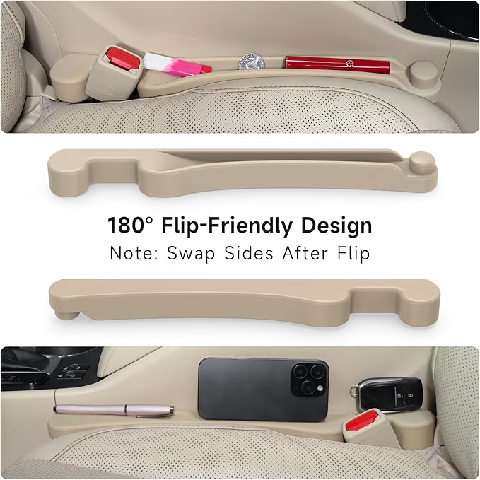 Car Seat Gap Filler Set of 2, 3IN1 Seat Side Gap Filler Plug with Storage Slot & Hook Function, Soft Foam Universal Fit Car SUV Truck Fill Gap Between Seats Console Organizer（Narrow Beige）