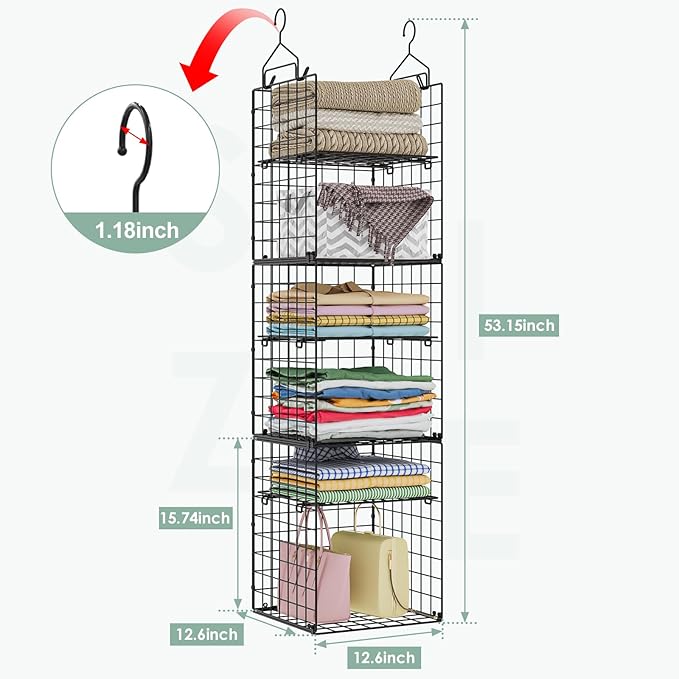 6-Tier Closet Hanging Organizer Shelves, Hanging Closet Organizer and Storage Bin with Adjustable Dividers, Metal & Foldable 
