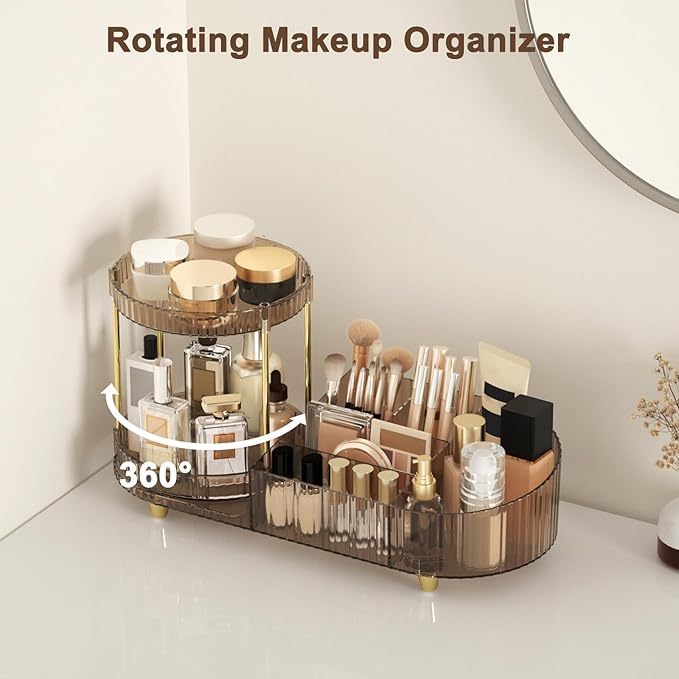 Makeup Organizer Countertop with 360 Rotating Perfume Trays, 7-Divider Vanity Skincare Organizers, Make Up Desk Organization 