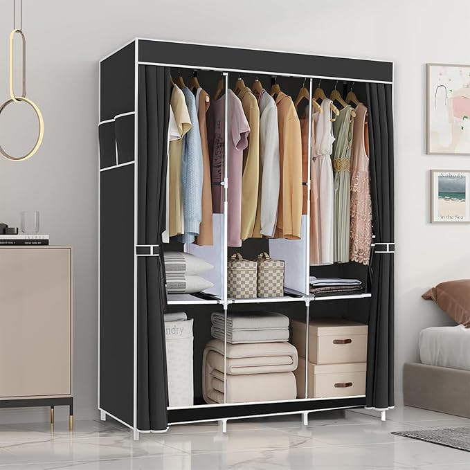 Clothes Organizer 3 Hanging Rod Shelf Portable Closet with Cover Clothes Rack Standing Closet Clothes Storage Wardrobe Garmen