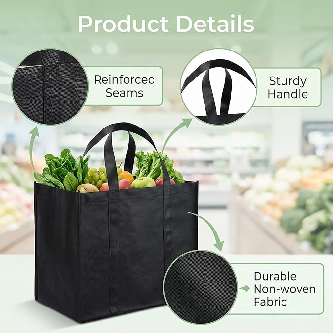 12 Pack Reusable Grocery Bags, Large Foldable Shopping Bags with Reinforced Handles, Heavy Duty Tote Bags for Grocery Shopping, Washable Storage Bags, Grey & Black | Large, Foldable, Reinforced Handles, Heavy Duty, Washable, Storage