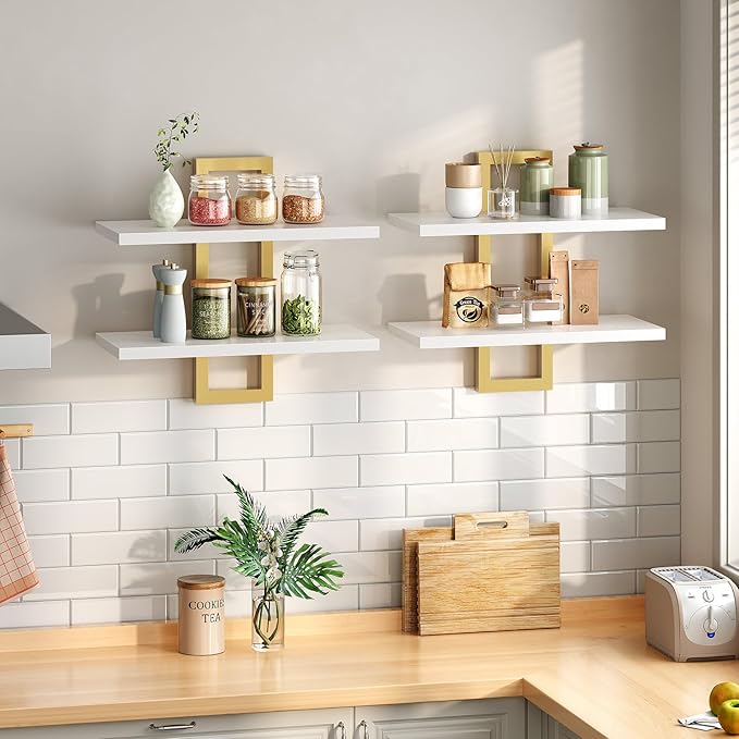 HOOBRO Floating Shelves, 15 Inch Wall Shelf Set of 2, Wall Mounted Storage Shelves 2-Tier, Hanging Bathroom Shelves, for Livi