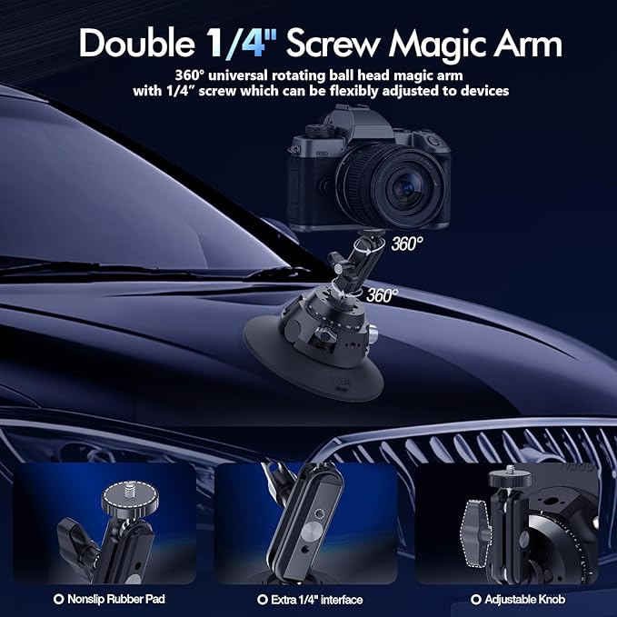 EMART Suction Cup Camera Mount with Adjustable Magic Arm, Metal 6" Suction Cup Mount Compatible with Camera, Action Cam, Phone, Universal 1/4"-3/8" Mount Holes for Windshield, Dash and Smooth Surface