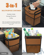 Car Trash Can with Lid, Cute Leakproof Car Trash Garbage Bag Hanging Vehicle Trash Bin Small Portable Automotive Garbage Cans Organizer for Back/Front Seat(Trapezoid,Brown)