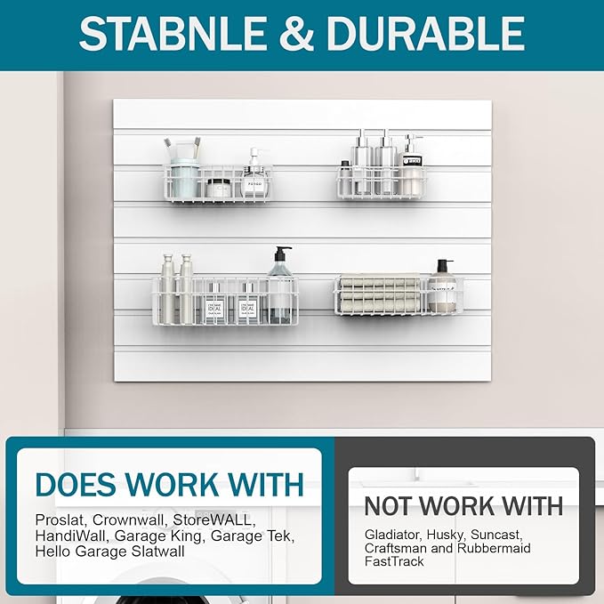 4 Pack Large Slatwall Baskets Set, Ventilated Metal Hanging Storage Slat Wall Basket, Mounted Slatwall Accessories for Garage
