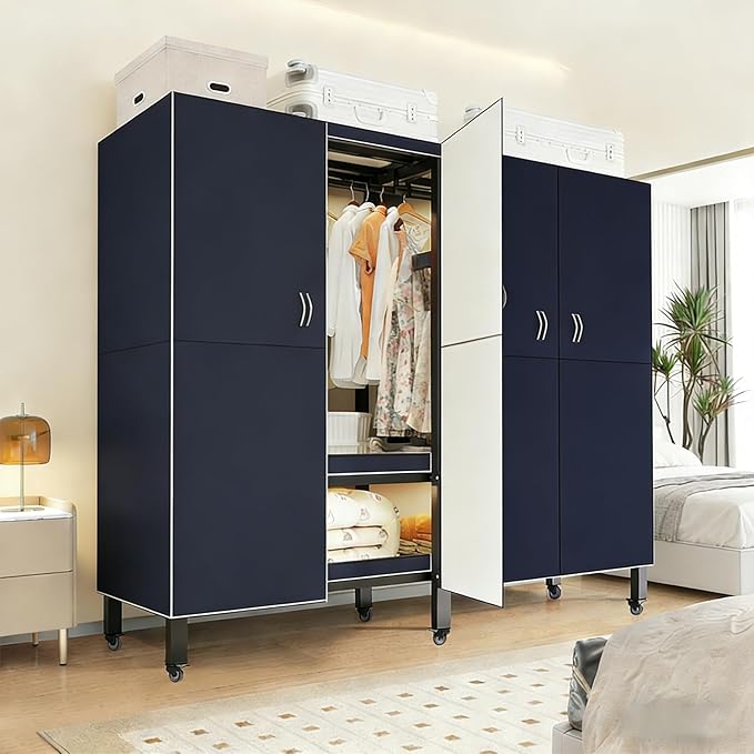 Foldable Portable Wardrobe On Wheels, Freestanding Garment Rack, with Magnetic Door 2000lbs, Heavy Duty Clothes Rack, for Bed