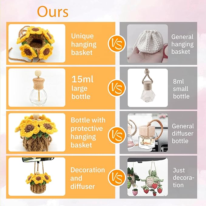 Crochet Car Air Freshener, 15ml Empty Refillable Oil Diffuser Bottle with Hanging Crochet Sunflower for Car Rearview Mirror D